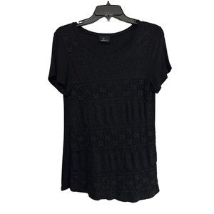 EVOLVE LA Womens Lacy Top Black Size M Short Sleeve Stretch‎ Blouse Round Neck